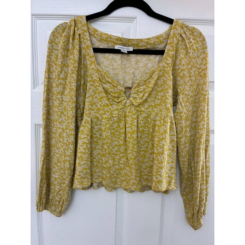 American‎ Eagle Yellow Floral Smocked Peplum Blouse Small